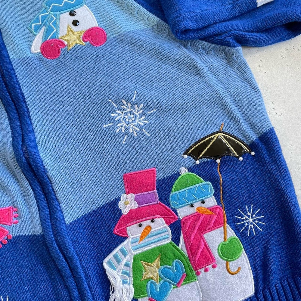 Vintage Tiara International Blue Embroidered Christmas Snowman Zippered Cardigan - Picture 5 of 7